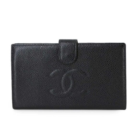 CHANEL Long Wallet Caviar Skin Leather Black A13498 Coco Logos Vintage 90277090 - Picture 1 of 9